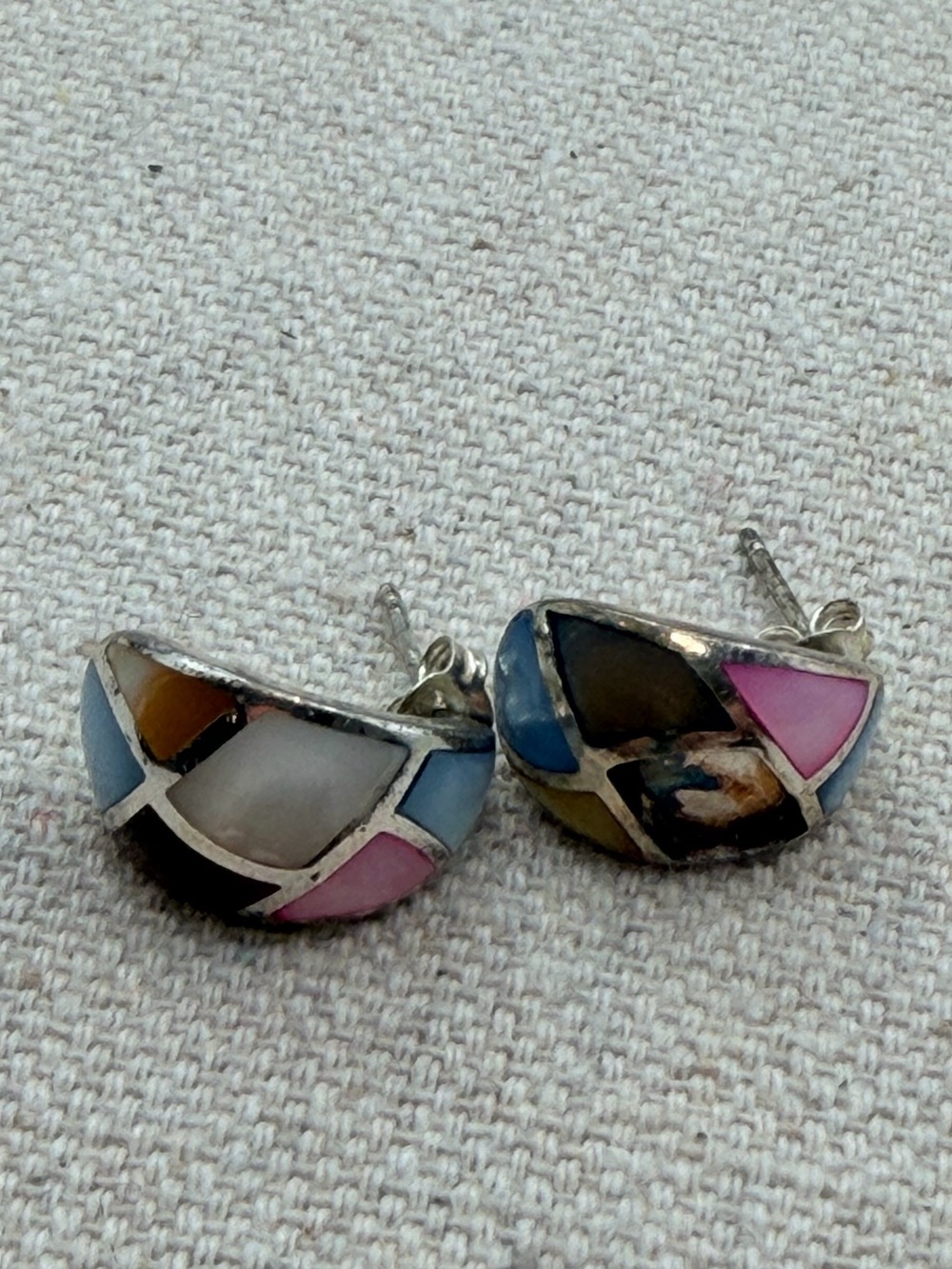 Color-Block Inlay Half-Hoop Stud Earrings in Pink, Blue & White